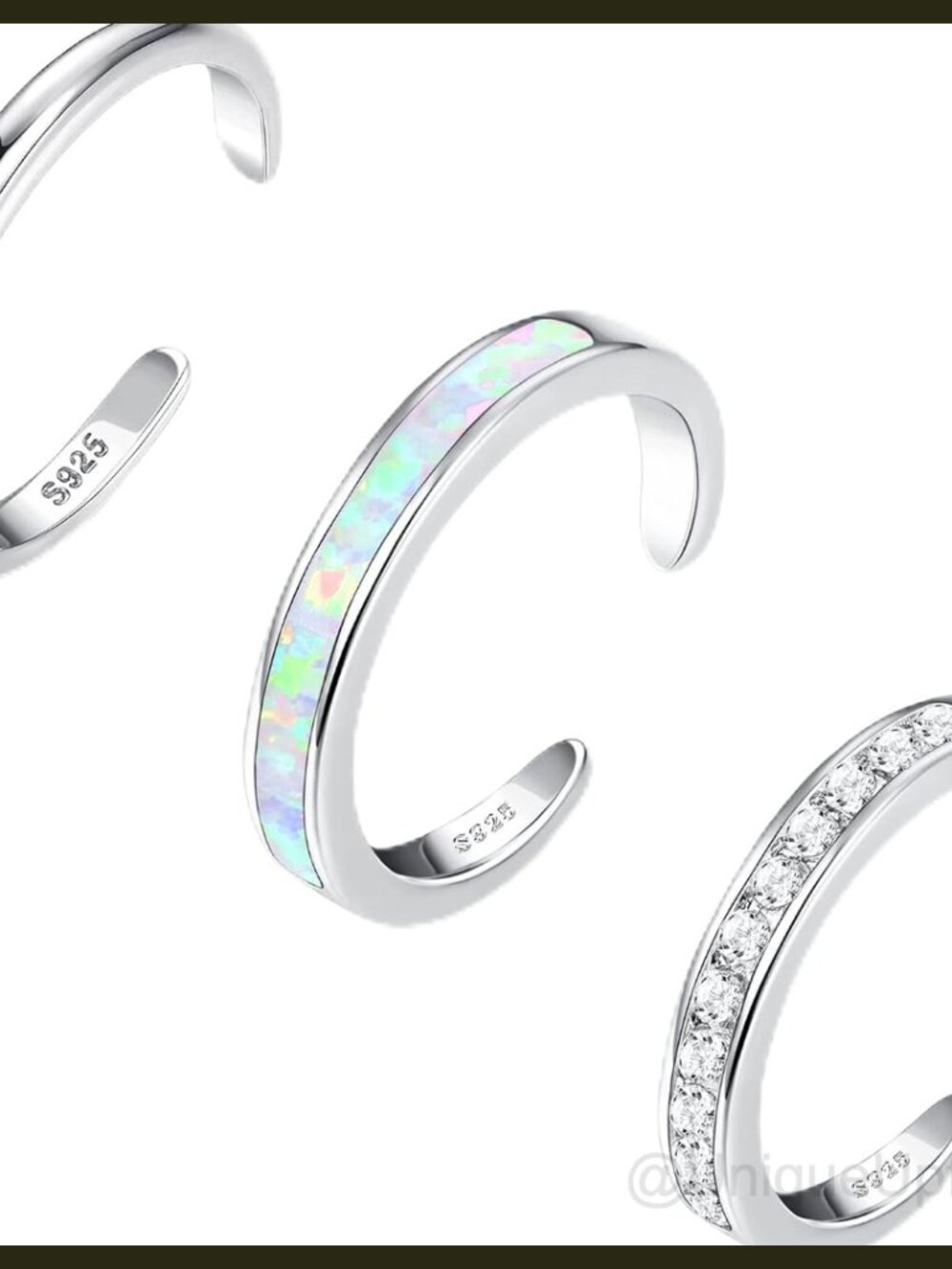 925 Sterling Silver Toe Rings Set of 3 Adjustable Band CZ Opal